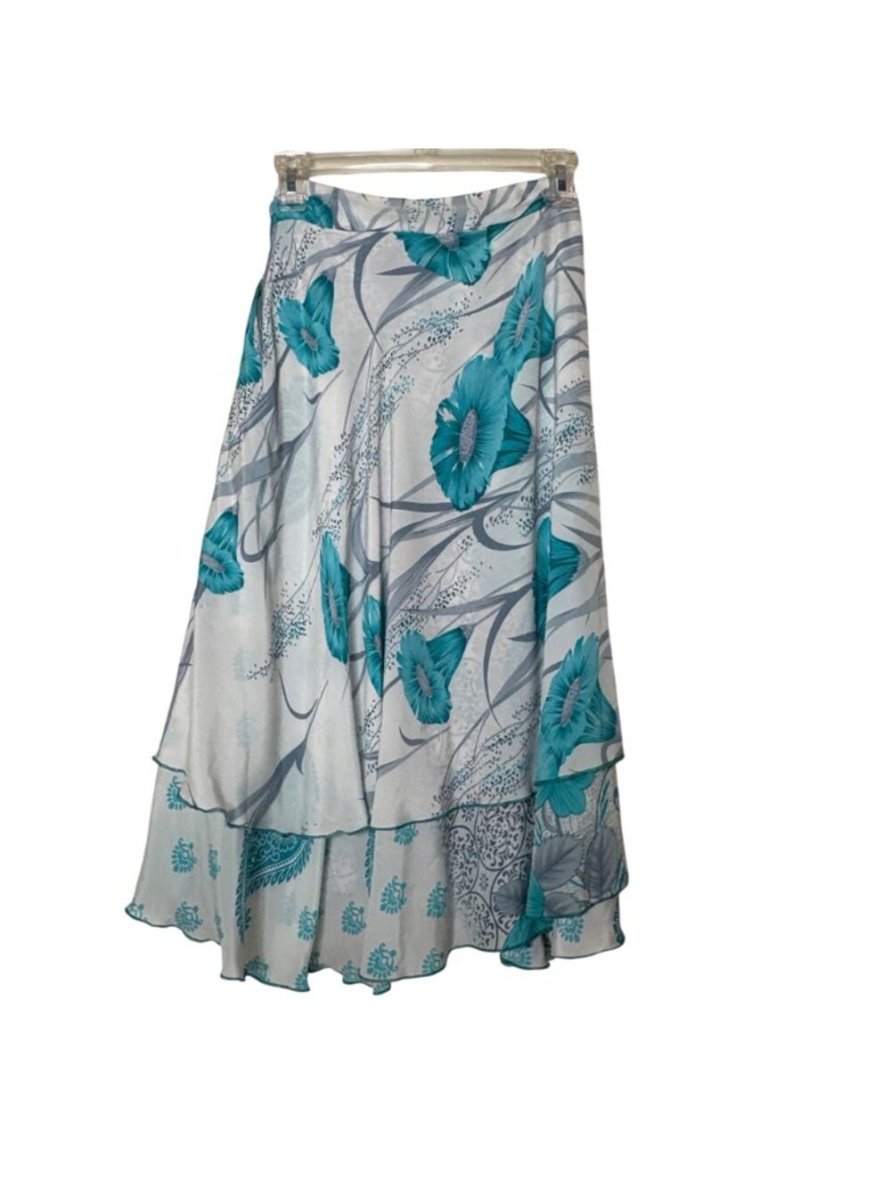 Reversible Silk Magic Wrap Skirt Teal Floral Paisley Boho Festival Beach OS - Picture 2 of 11